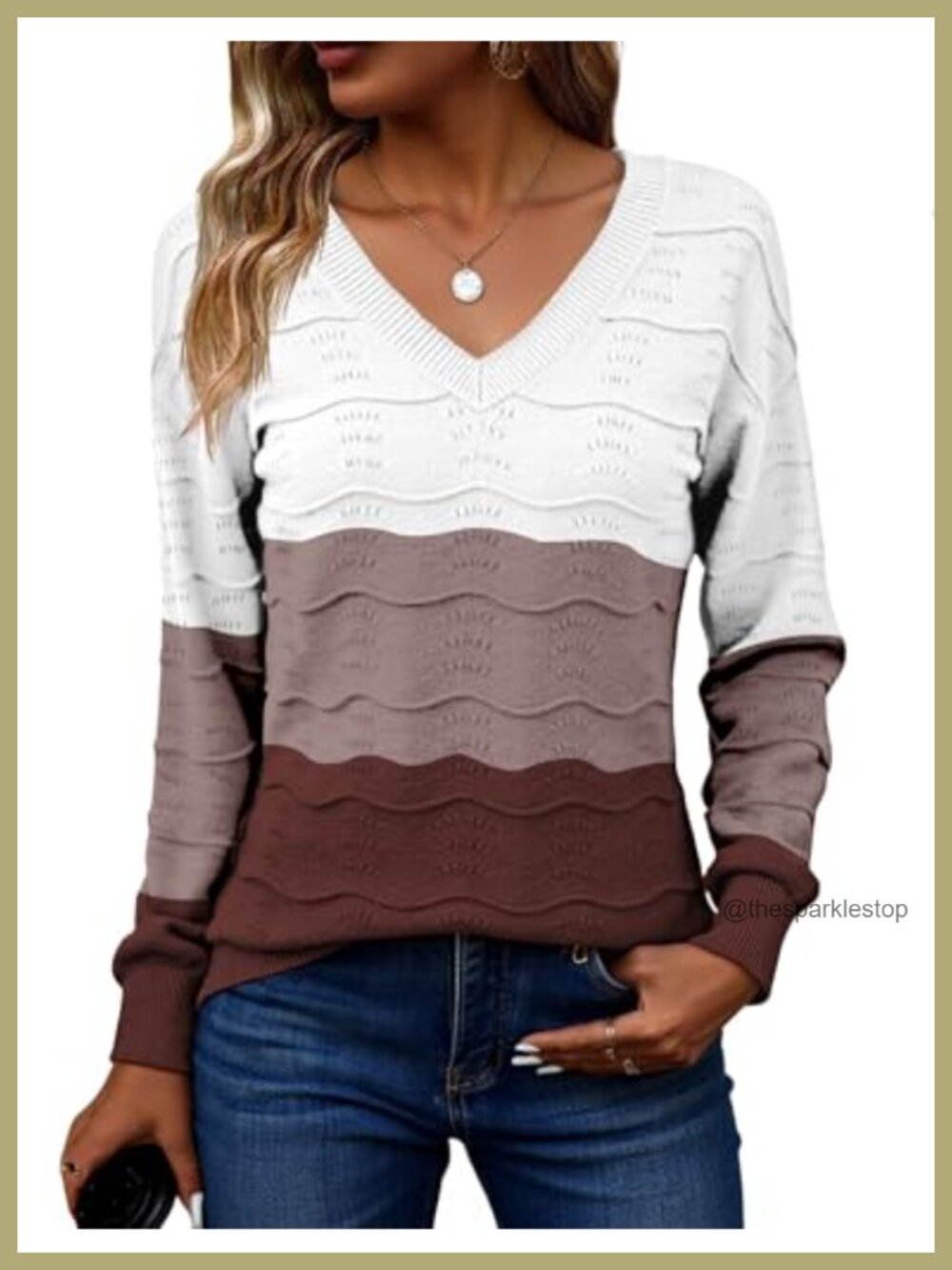 Womens Crochet Ribbed Knit V Neck Long Sleeve Pullover Sweater Top